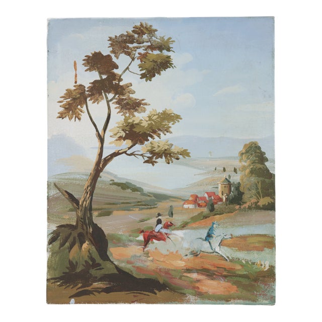 Vintage Horseback Riders Landscape Painting With Tower and Village For Sale