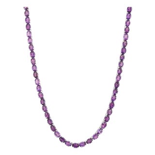 Modern Sterling Silver Amethyst Tennis Necklace, 7×5 Mm Prong-Set Stones- Carat&Her For Sale