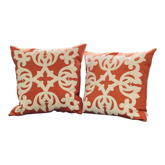 Pair of Vintage Burnt Orange Wool Pillows With Appliqué and Down Inserts For Sale