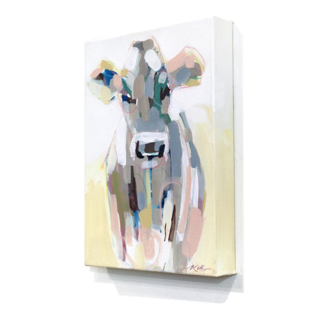 Contemporary Brown and Pink Swiss - Original Expressive Cow Portrait Mixed Media Acrylic Painting For Sale - Image 3 of 9