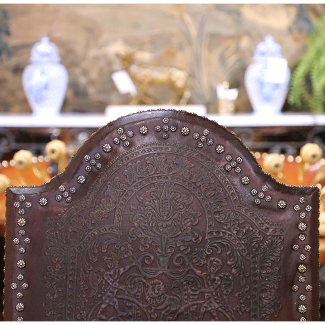 Brown Pair of 19th Century French Louis XIII Walnut Armchairs With Embossed Leather For Sale - Image 8 of 14