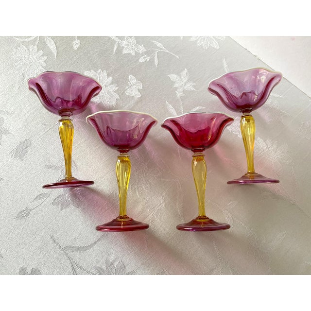 1920's Victor Durand, Set 4 Art Nouveau Champagne Glasses, Hand Blown, Ruby, Yellow Stems #411 Eagle Bay Heirlooms is...