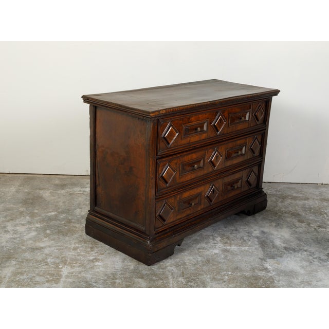 Brown Italian 1800s Walnut Commode with Three Drawers and Raised Diamond Motifs For Sale - Image 8 of 12