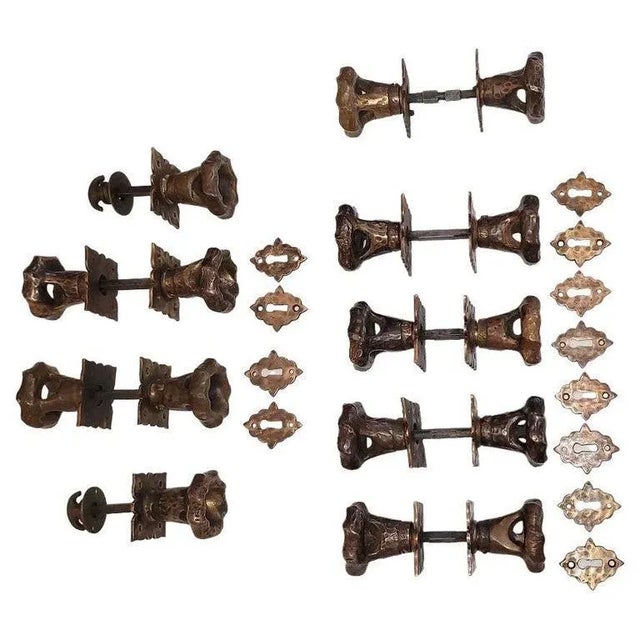 Set of 9 Art Nouveau Hand Beaten Bronze Door Handles With Plates For Sale - Image 13 of 13