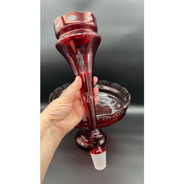 Red Vintage Bohemian 2 Pc Red Crystal Egermann Czech Art Glass Centerpiece Bowl Vase Epergne Stunning For Sale - Image 8 of 12
