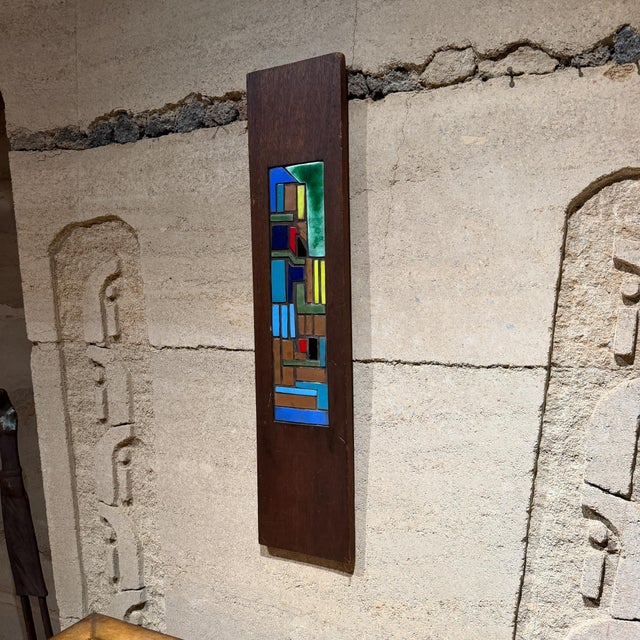 1970s Vertical Wooden Wall Art Colorful Geometric Enamel Copper Inlay For Sale In San Diego - Image 6 of 10