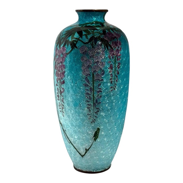 Japanese Cloisonne Enamel Vase Wisteria Ice Blue Ground 7 in Antique Meiji Era For Sale