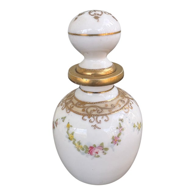 Antique Hand-Painted Nippon Porcelain Perfume Bottle With Raised Gilt & Floral Garland – Circa 1900 For Sale
