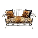 French Maison Jansen Neo-Classical Style Steel Brass Tiger Velvet Daybed Settee - 2 Available For Sale