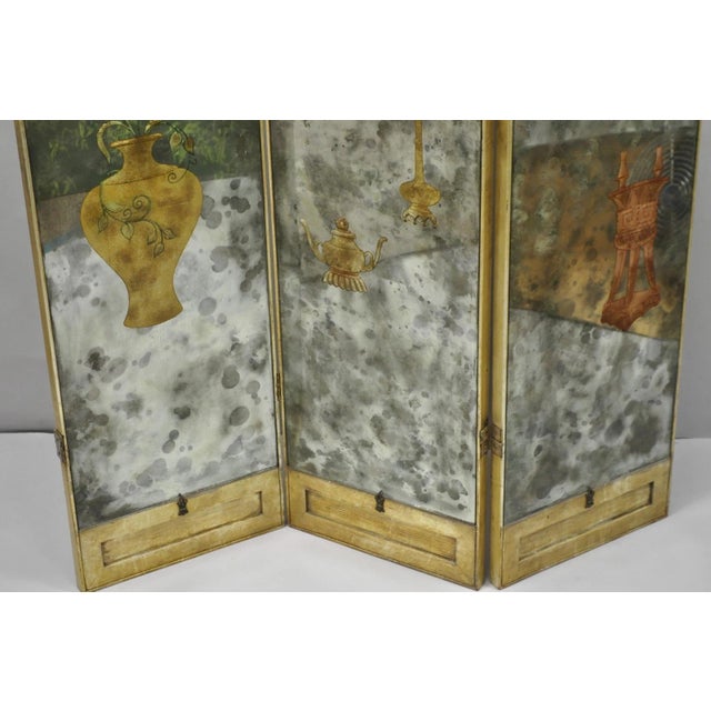 Early 20th Century Antique Chinoiserie Oriental Eglomise Antiqued Mirror Glass 3 Panel Room Screen For Sale - Image 5 of 18