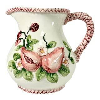 1970s Vintage Boho Chic Coastal English Garden Pomegranate and Raspberry Ceramic Pitcher. For Sale