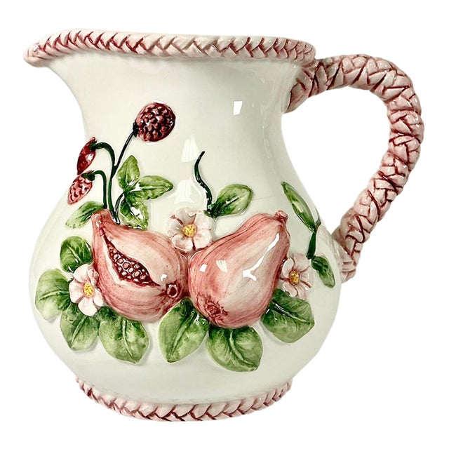 1970s Vintage Boho Chic Coastal English Garden Pomegranate and Raspberry Ceramic Pitcher. For Sale