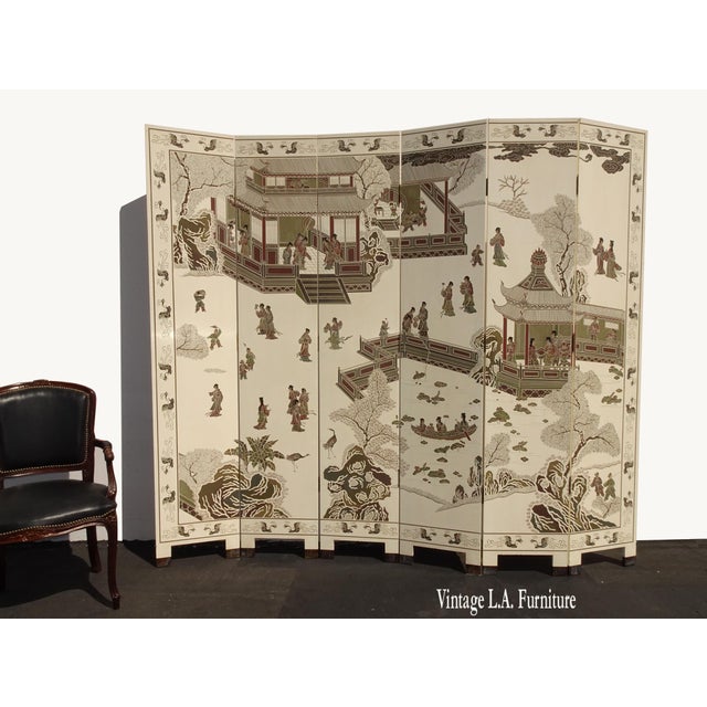 Six Panel Screen Coromandel Chinese Asian White Lacquer Room Divider