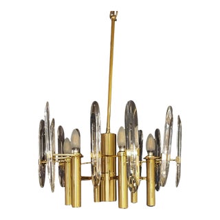 1970s Gaetano Sciolari Brass & Crystal Glass Chandelier For Sale