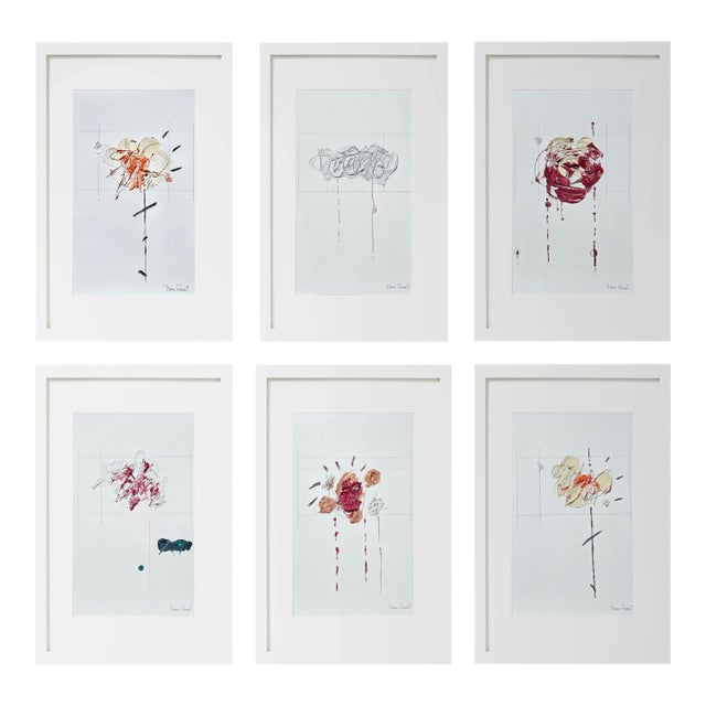 Set of 6 - Cy Twombly Inspired Shadow Box Framed Botanic Oil Paintings by Diane Grant For Sale
