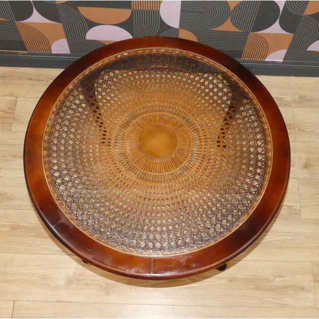 Wood Chippendale Round Coffee Table in Wicker and Glass, 1960s For Sale - Image 7 of 8