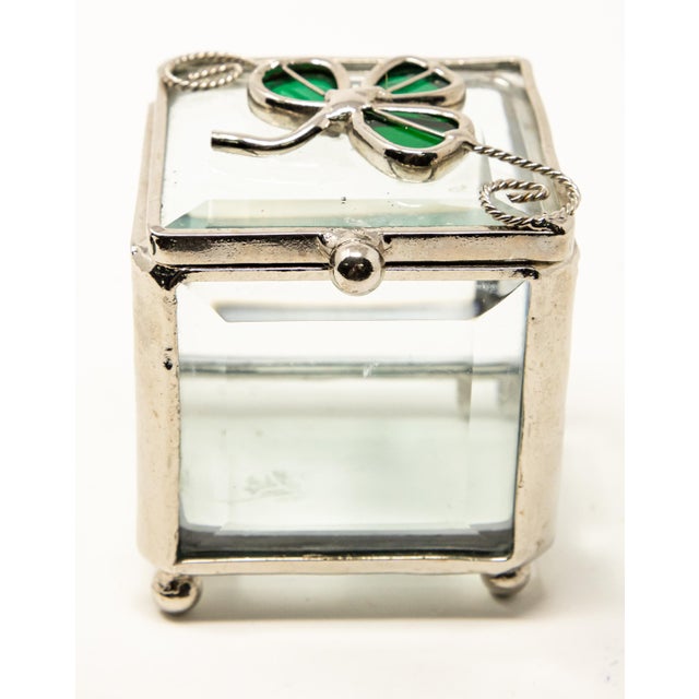 Vintage Sterling Silver and Beveled Glass Trinket Box with Clover For Sale - Image 4 of 12