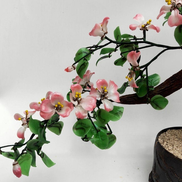 Late 20th Century Vintage Lampwork Glass Bonsai Tree – Pink Blossoms & Green Leaves For Sale - Image 5 of 8