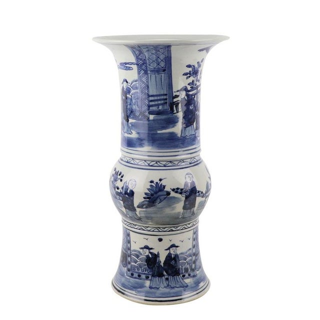 traditional figures playing chess in blue/white porcelain vase 15" h x 7'" wi