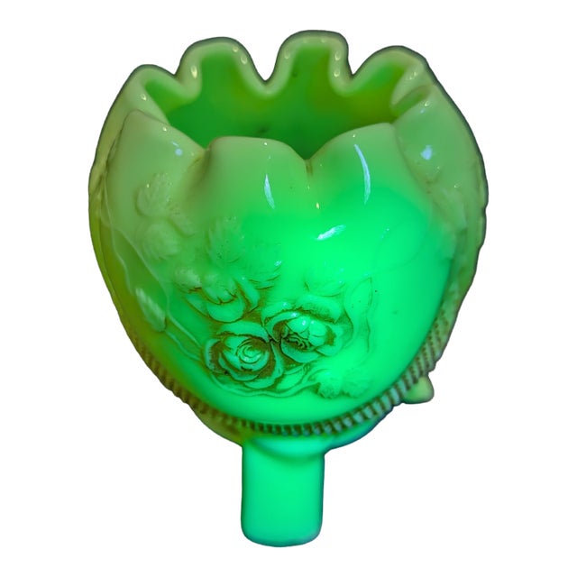 Antique Uranium Custard Glass, Northwood Fine Cut Roses Rose Bowl, With Nutmeg Stain, Glows, 1908 For Sale