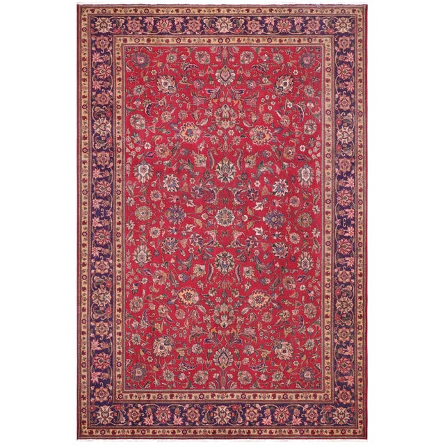 Retro Persian Kashan Red/Blue Wool Rug - 8'7'' X 12'7'' For Sale - Image 9 of 10
