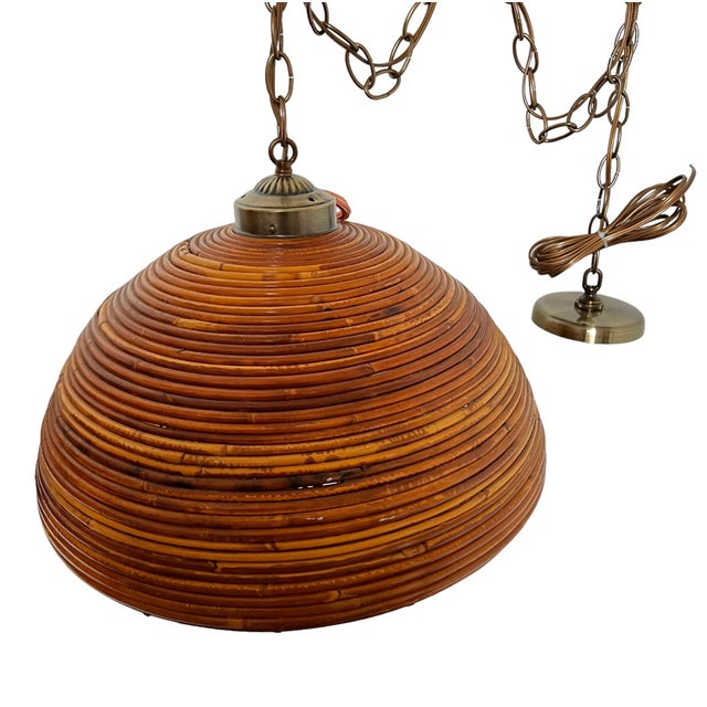 Traditional Mid 19th Century Italian Pencil Reed Rattan & Burnished Brass Dome Pendant, C. 1960 For Sale - Image 3 of 11