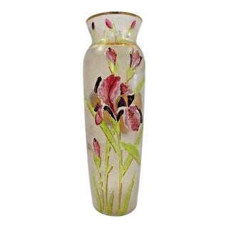 Vintage Mont Joye Legras Hand Painted Iris Flower Frosted Glass Vase For Sale