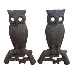 Striking Pair of Antique Owl Andirons