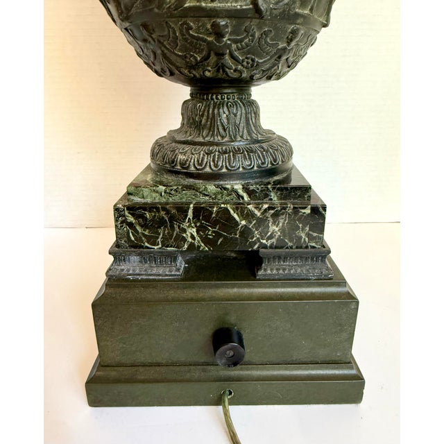 Bronze Vintage Neoclassical Urn Lamp Inspired by the Townley Vase With Green Marble Base For Sale - Image 8 of 13