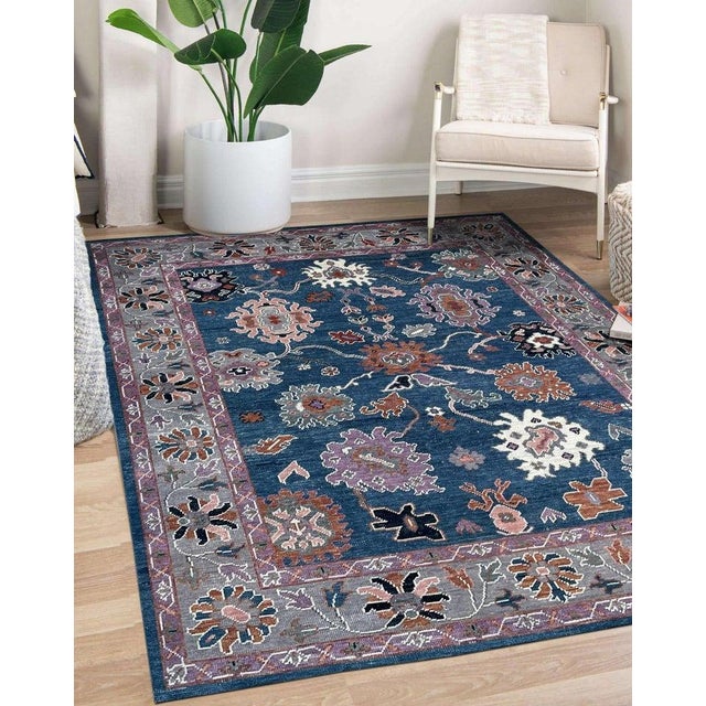 Textile 8x10 Blue Hand-Knotted Wool Serpentine Floral Classic Traditional Carpet Rug For Sale - Image 7 of 7