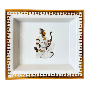 Jaipur Style Porcelain Vide-Poche With Mughal Maharadjah Miniature Portrait