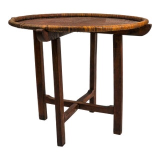 Antique Folding Wood Table With Large Woven Rattan Tray Top For Sale