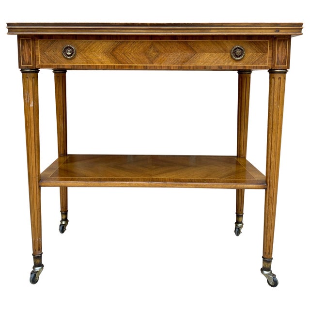Neoclassic French Marquetry Side Table With One Drawer And Wheels 1940s For Sale - Image 15 of 18