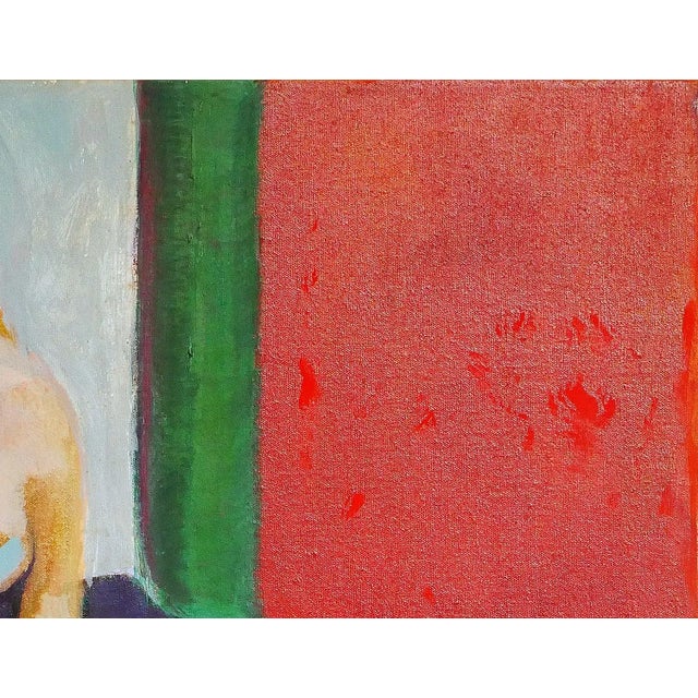 1970s Modern Abstract Red and Green Toned Interior Painting of a Nude Female Figure by Margaret Nobler For Sale - Image 4 of 9