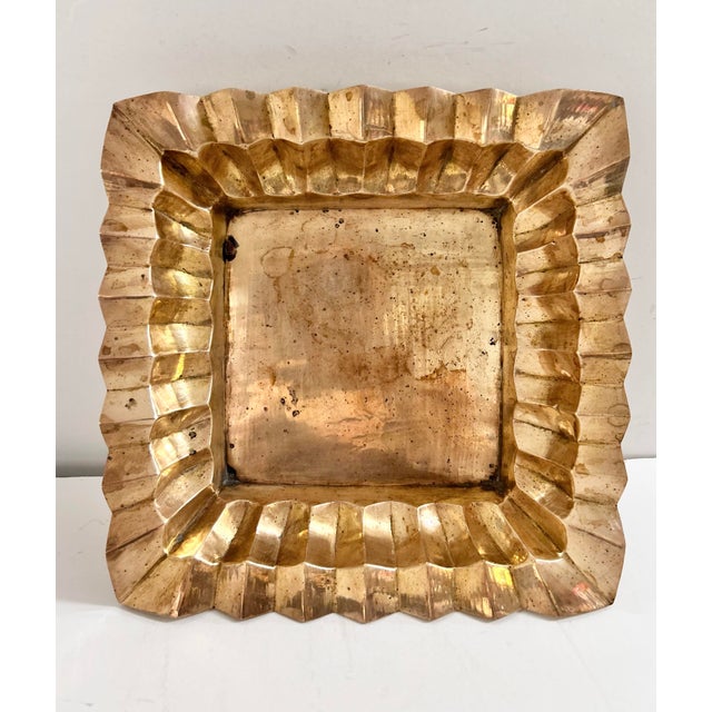 1970s Vintage Solid Brass Brutalist Catchall Tray, Sculptural Square Desk Tray, Mid Century Modern Brass Vide Poche For Sale - Image 5 of 7
