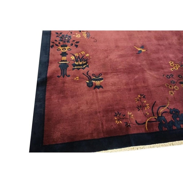 1920s 1920s Raspebery Pink Open Field Floral Antique Chinese Art Deco Room Size Rug For Sale - Image 5 of 8