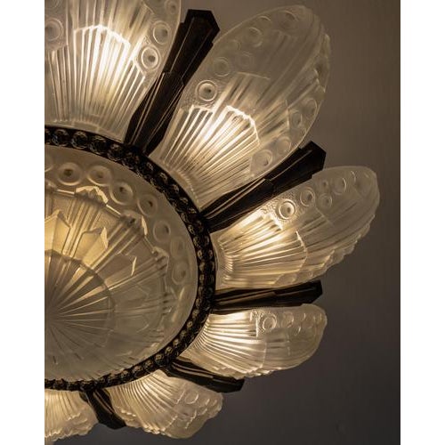 Art Deco Bronze and Glass Chandelier by Georges Leleu, France, 1930s For Sale - Image 4 of 18