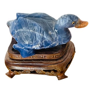 Vintage Blue Sodalite Stone Carved Duck Figurine on Stand For Sale