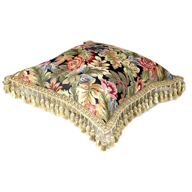 Antique French Aubusson Handwoven Needlepoint Floral Pillow Cover With Antique Tassel Fringe For Sale - Image 4 of 13