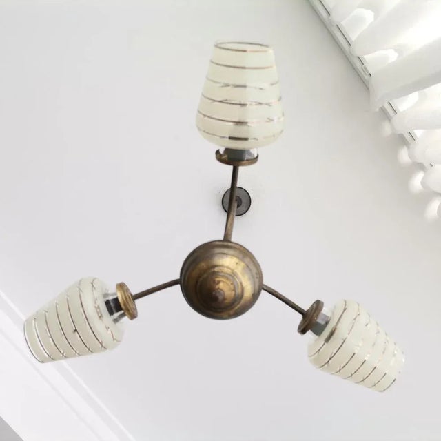 Mid-Century Modern Mid-Century Glass and Brass 3-Light Sputnik Light For Sale - Image 3 of 7