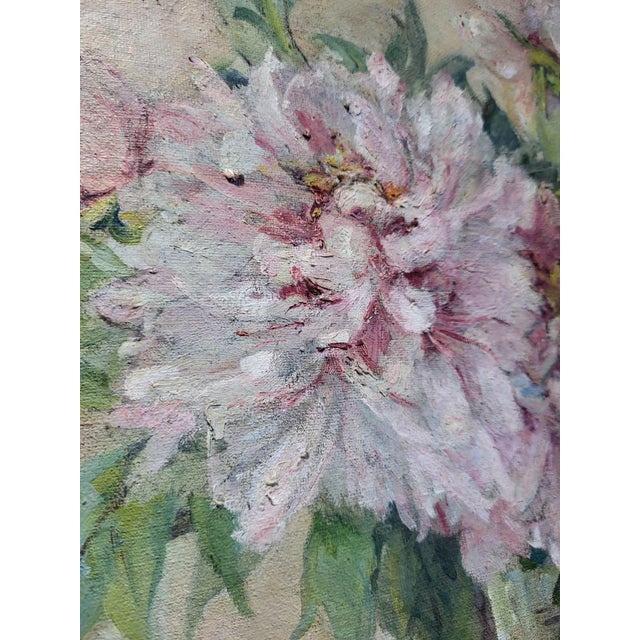 M.Valette, Impressionist Still Life of Peonies, 1950s, Oil on Canvas For Sale - Image 3 of 7