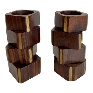 Vintage Modern Wood and Brass Napkin Rings Made in India For Sale