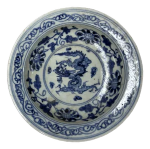 6.5" Handmade Porcelain Charger Plate Blue White Ancient Dragon Graphic