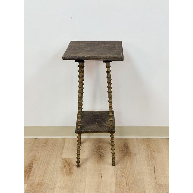Petite Antique Spool Leg Side Table Two Tier Plant Stand, Pedestal, Wooden Top For Sale - Image 4 of 14