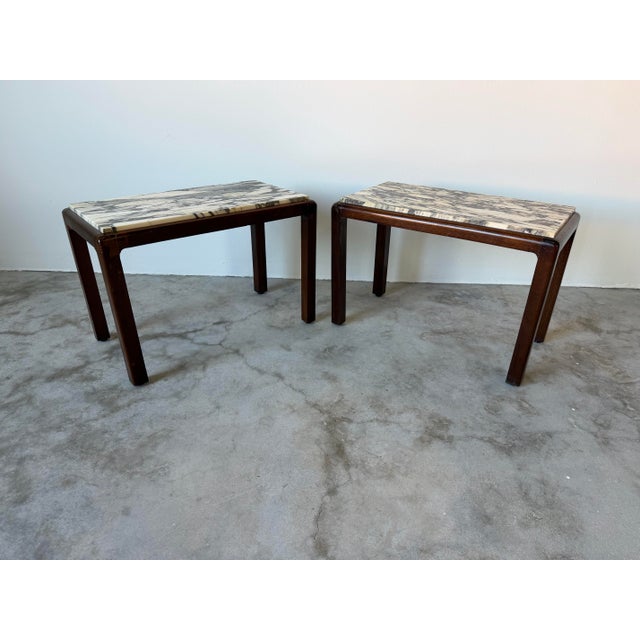 Wood 1960's Vintage French Mahogany and Marble Top Side Tables - A Pair For Sale - Image 7 of 12