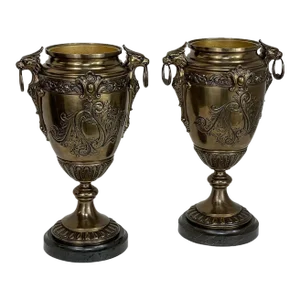 Pair of 19th Century French Napoleon III Period Bronze & Brass Urns