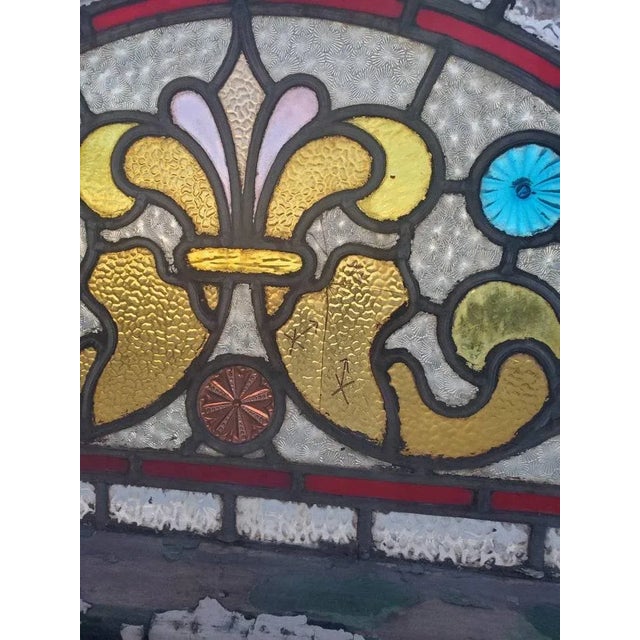 19th Century Victorian Era Architectural Salvaged Stained Glass Panel Transom Fanlight Window in Original Arched Wooden Frame For Sale - Image 9 of 13