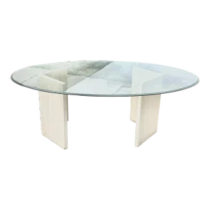 Late 20th Century Modern Italian Style Dining Table With Travertine V-Shaped Pedestal and Beveled Oval Glass Top