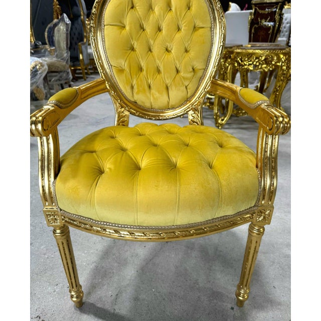 Baroque Golden Yellow Velvet Chair With Exquisite Gold Leaf Details For Sale In Miami - Image 6 of 10