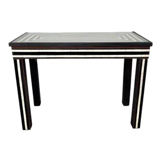 Art Deco Style Black & White Resin Inlay Console Table W Concentric & Glass Top For Sale